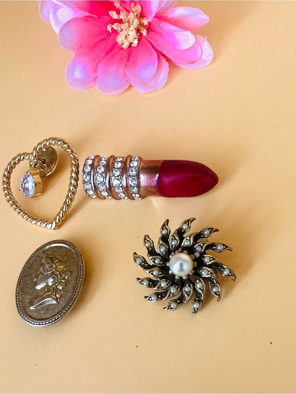 Vintage lot Gold-Tone Red Lipstick, heart, flower Brooch with Crystals